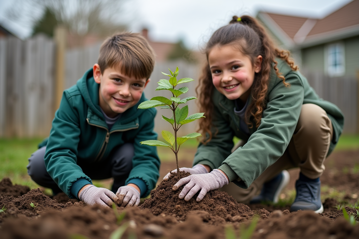 Jeune garçon et fille plantant un arbre dans un jardin communautaire