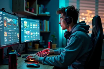 Joueur de League of Legends regardant ses statistiques de temps de jeu sur un double écran dans sa chambre gaming