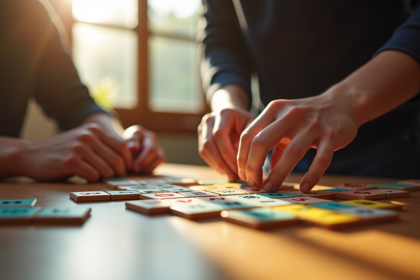 Joueur concentré arrangeant tuiles Rummikub colorées sur une table en bois