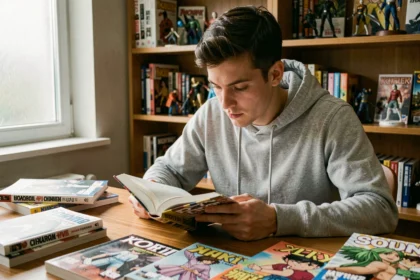 Jeune homme lisant un manhwa coréen à son bureau entouré de livres et de bandes dessinées
