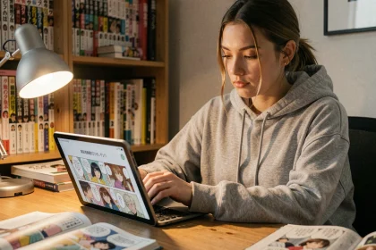 Jeune femme lisant un manga sur tablette dans un bureau à domicile entouré de volumes de mangas