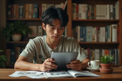 Jeune homme lisant le scan One Piece en français sur une tablette dans sa chambre entourée de mangas