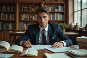 Jeune homme déterminé en costume assis à un bureau encombré de livres de droit, illustrant l'ambition et la persévérance d'un personnage secondaire clé dans Hunter x Hunter