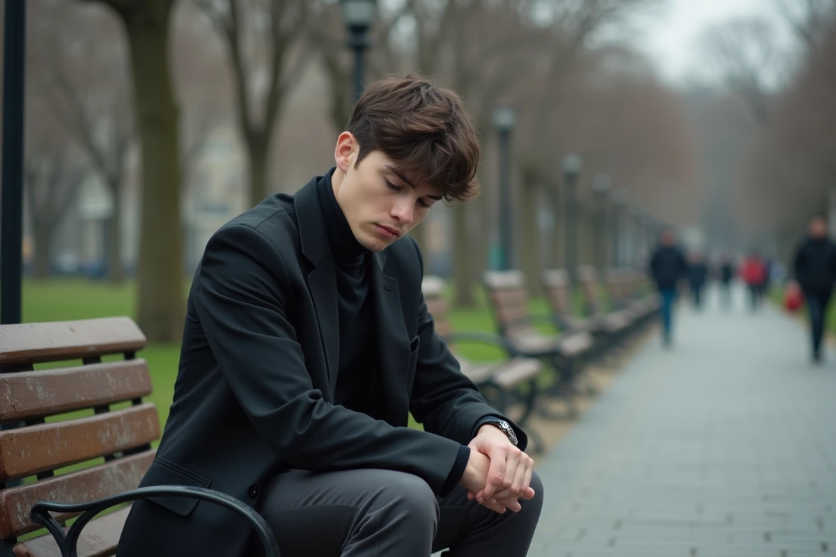Jeune homme pensif en costume assis seul sur un banc de parc urbain, évoquant la profondeur émotionnelle et le rôle central du personnage secondaire Leorio dans l'univers de Hunter x Hunter