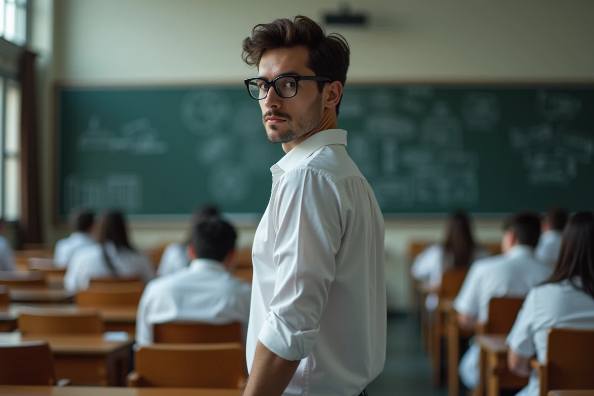 Jeune homme aux lunettes noires debout dans une salle d'examen académique, symbolisant la détermination et le parcours médical du personnage Leorio dans Hunter x Hunter