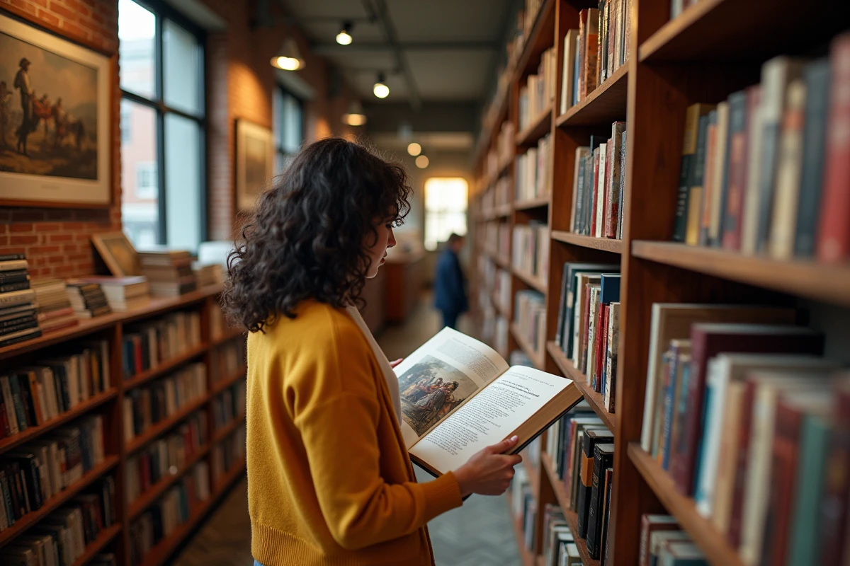 Femme feuilletant un livre illustré sur la peinture américaine du XIXe siècle dans une librairie spécialisée en histoire