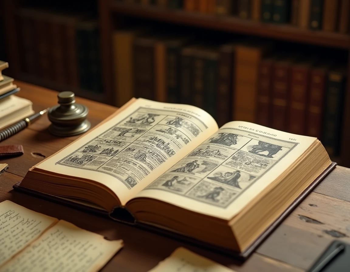 Livre ancien ouvert sur les douze travaux d'Hercule avec gravures et notes de recherche sur une table de bibliothèque