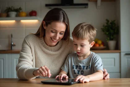Maman souriante avec son fils dans la cuisine chaleureuse