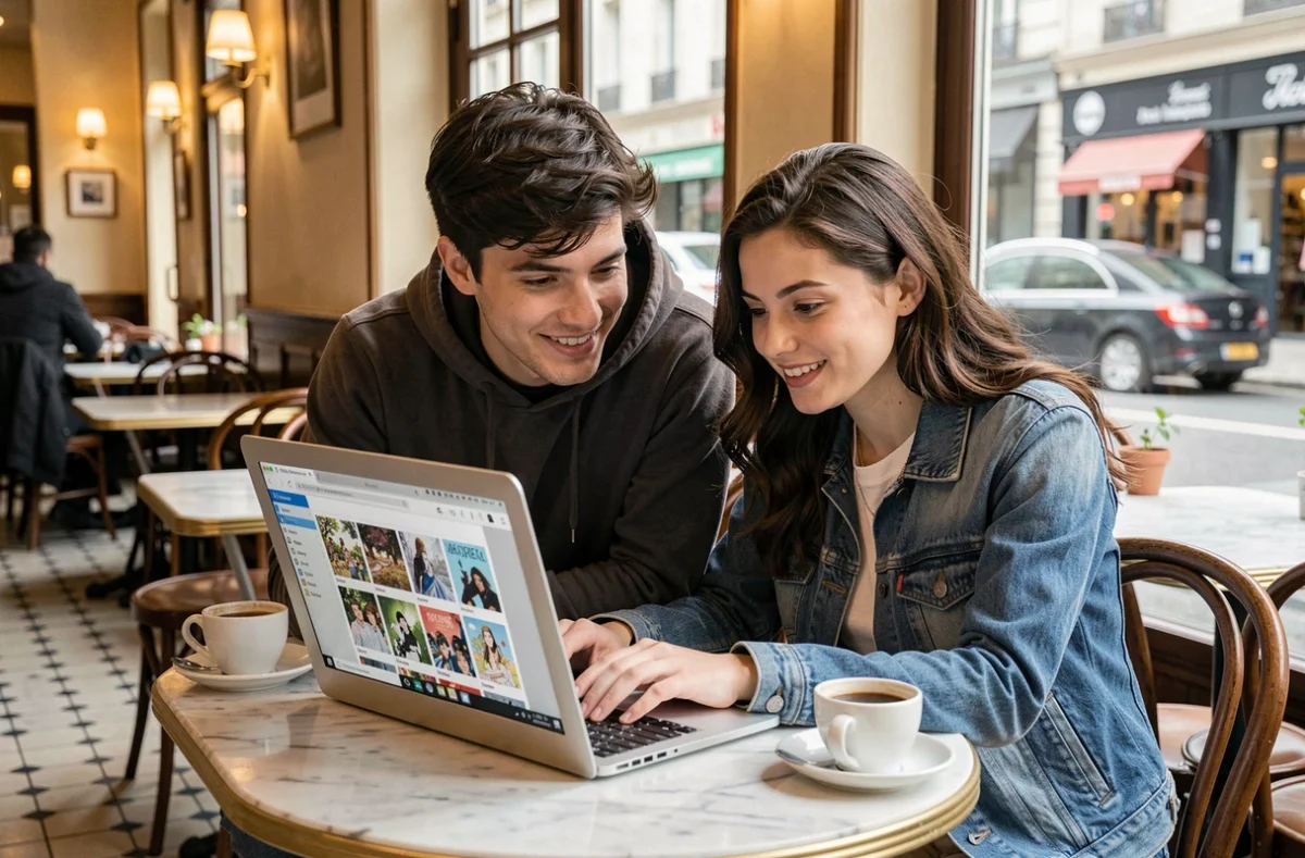 Deux jeunes adultes explorant une bibliothèque de mangas numérique sur ordinateur dans un café parisien