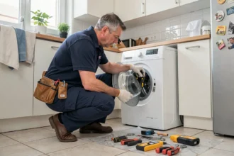 Technicien en réparation d'électroménager dans une cuisine française typique, illustrant le classement des meilleurs dépanneurs des Pays de la Loire