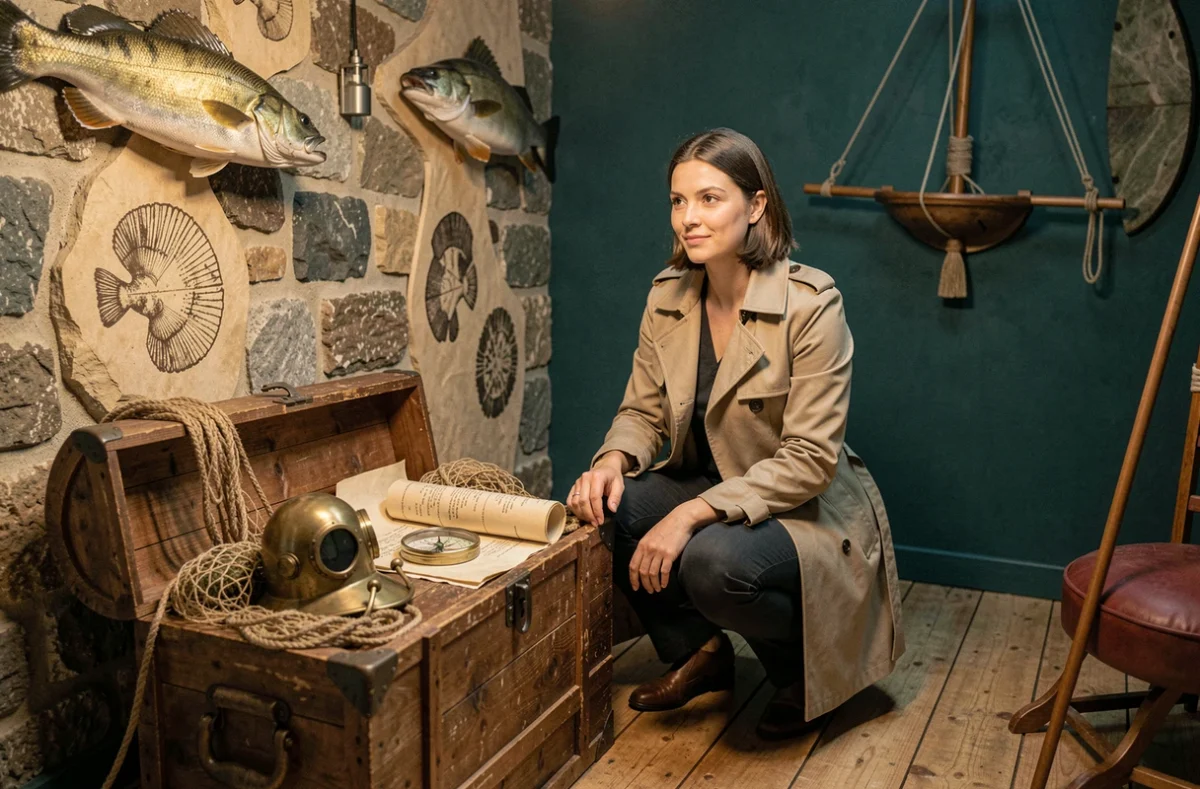 Une joueuse inspectant un coffre nautique mystérieux dans la salle Les Mystères du Lac à Annecy, décor inspiré du lac et de la plongée ancienne