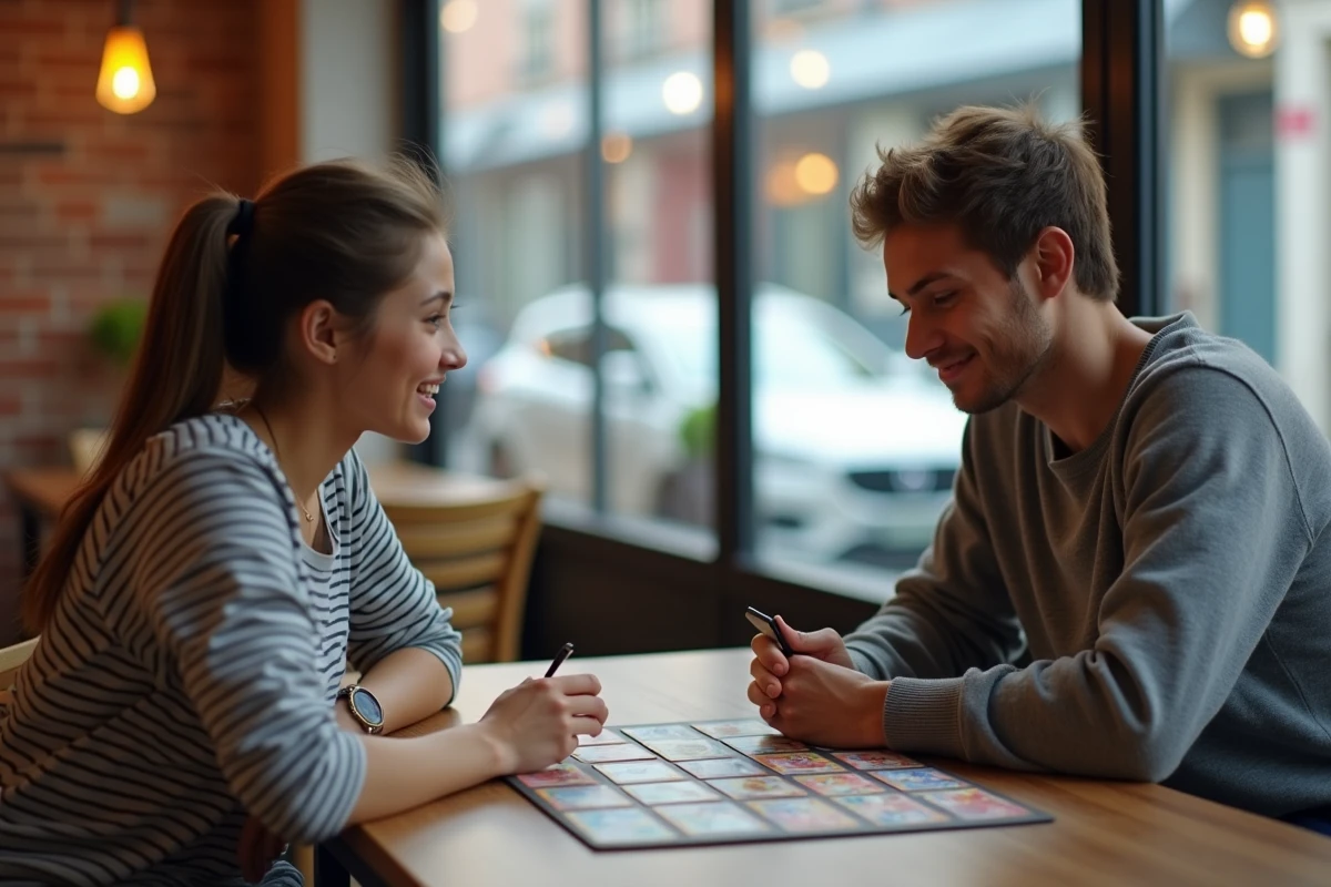 Deux joueurs débutants s'affrontent autour d'une partie de JCC Pokémon dans un café urbain