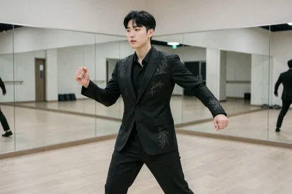 Jeune performeur coréen en tenue de scène noire lors d'une répétition de chorégraphie K-pop dans un studio de danse professionnel