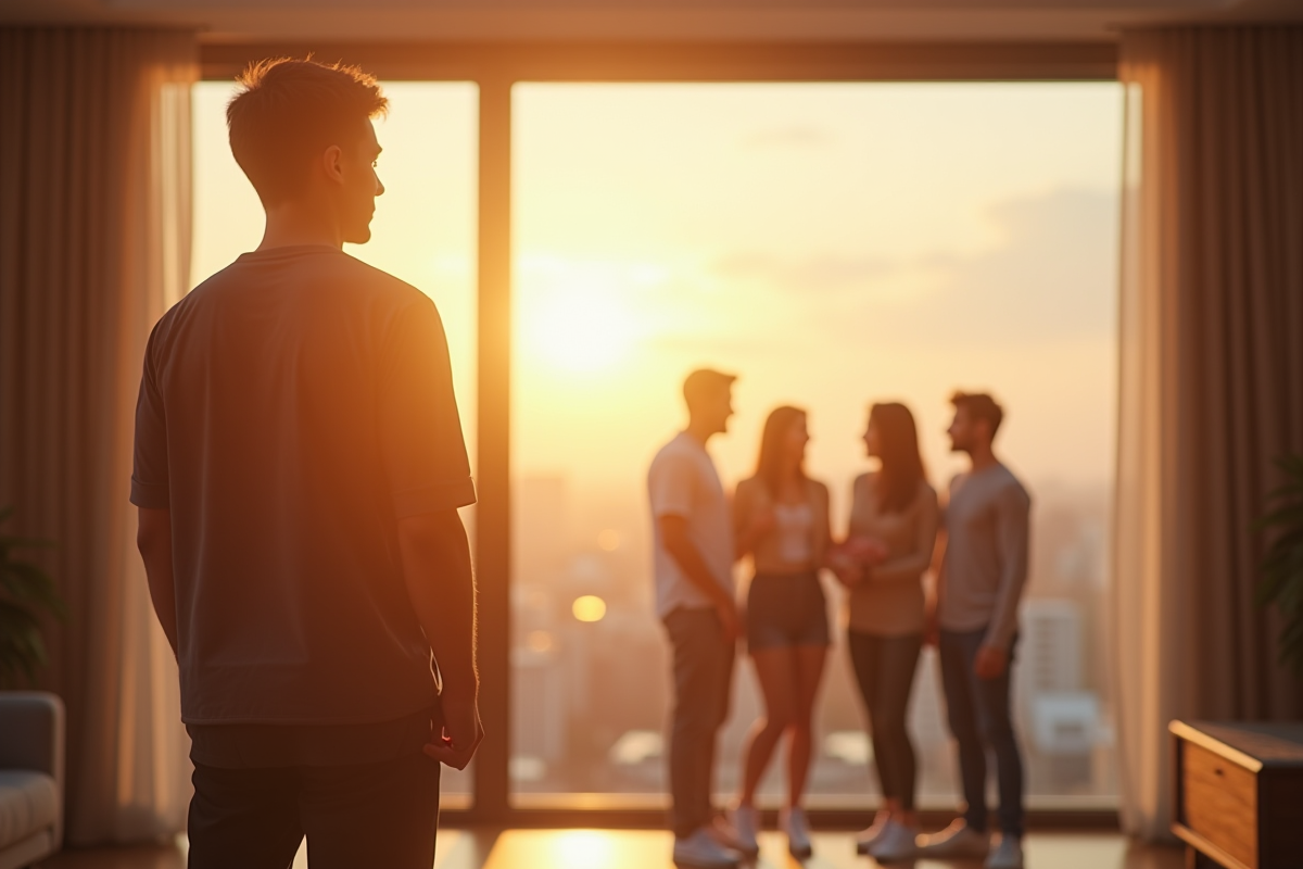 Personne seule regardant par la fenetre en famille en arrière-plan