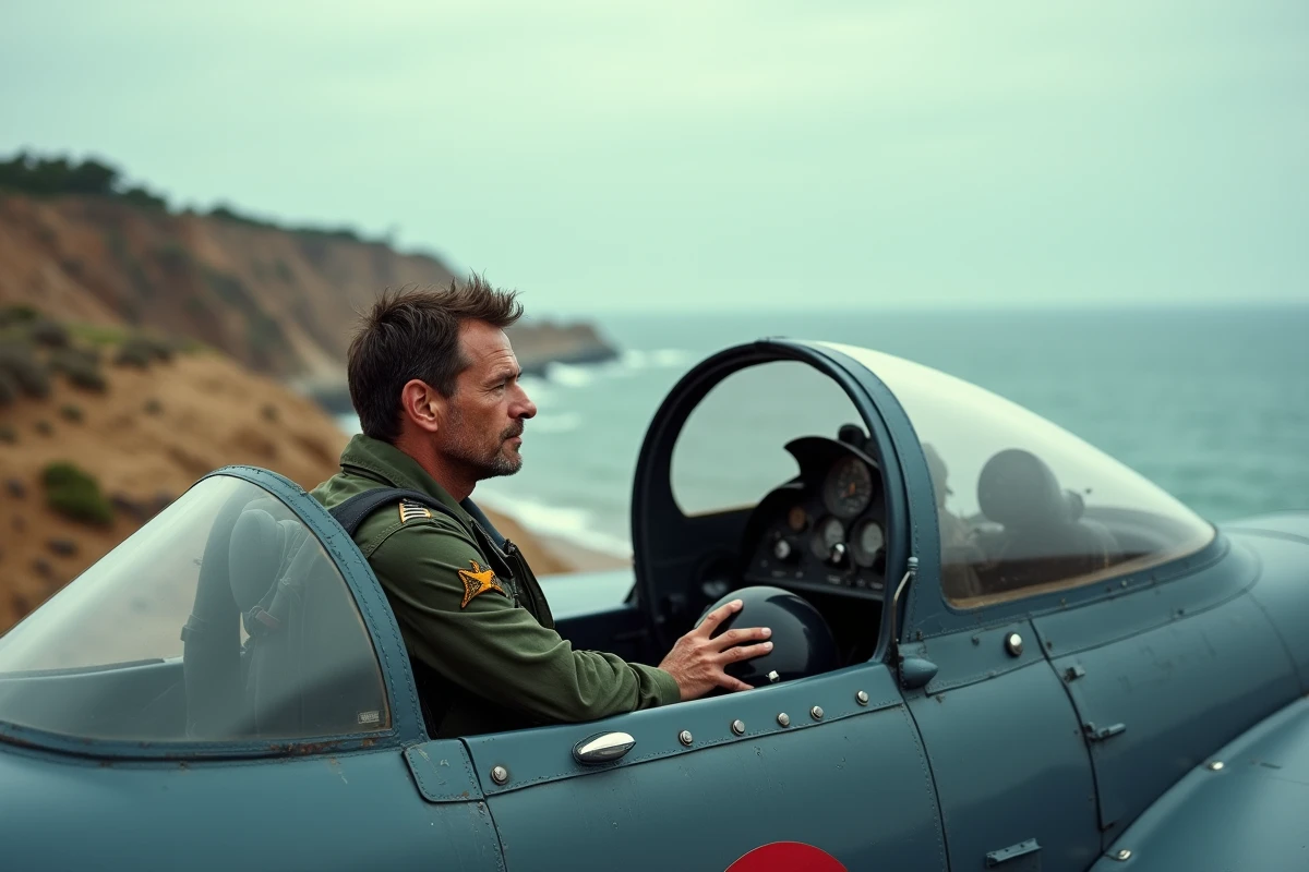 Pilote solitaire assis dans le cockpit ouvert d'un avion de chasse sur une piste côtière contemplant l'horizon marin