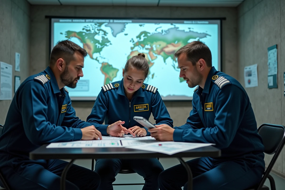 Groupe de pilotes en combinaison de vol bleu marine autour d'une table de briefing militaire avec cartes tactiques et écrans