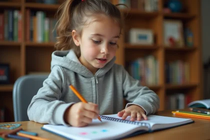 Adolescente dessinant du pixel art sur un cahier quadrillé avec des crayons de couleur posés sur un bureau en bois