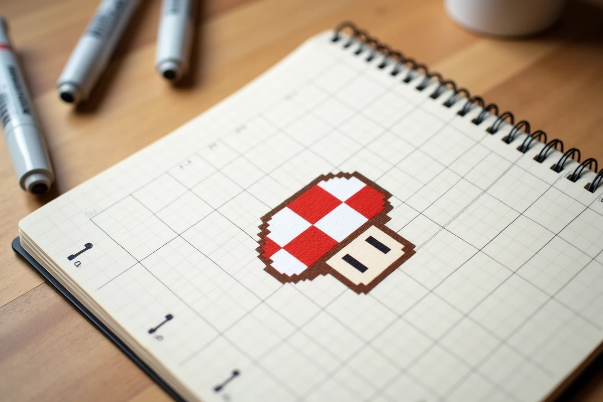 Gros plan sur un cahier quadrillé ouvert avec un dessin de pixel art champignon réalisé au feutre coloré sur une table en bois clair