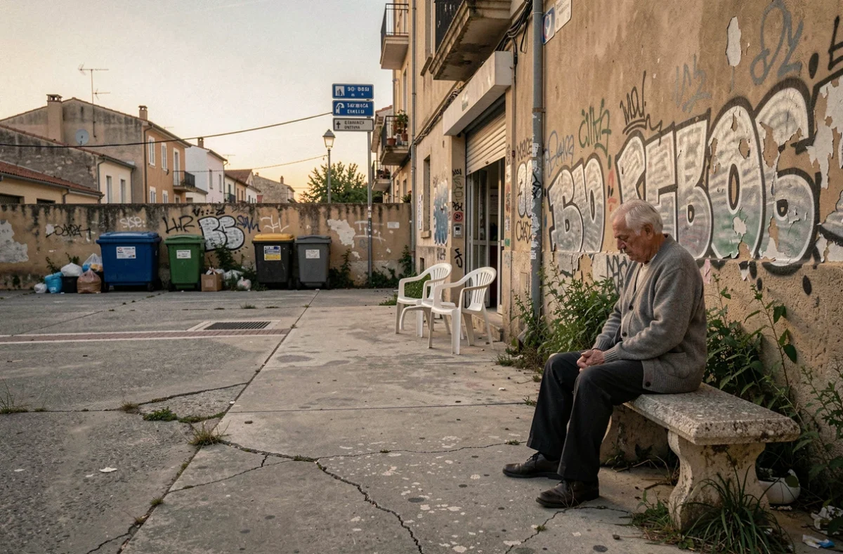 Place publique dégradée à La Ciotat avec un habitant âgé exprimant son inquiétude