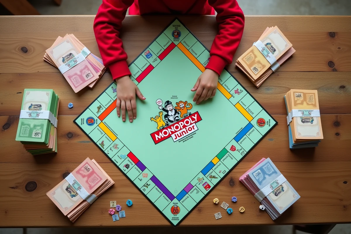 Vue aérienne en flat lay d'un plateau de Monopoly Junior en cours de partie avec billets, tokens et cartes visibles sur une table en bois