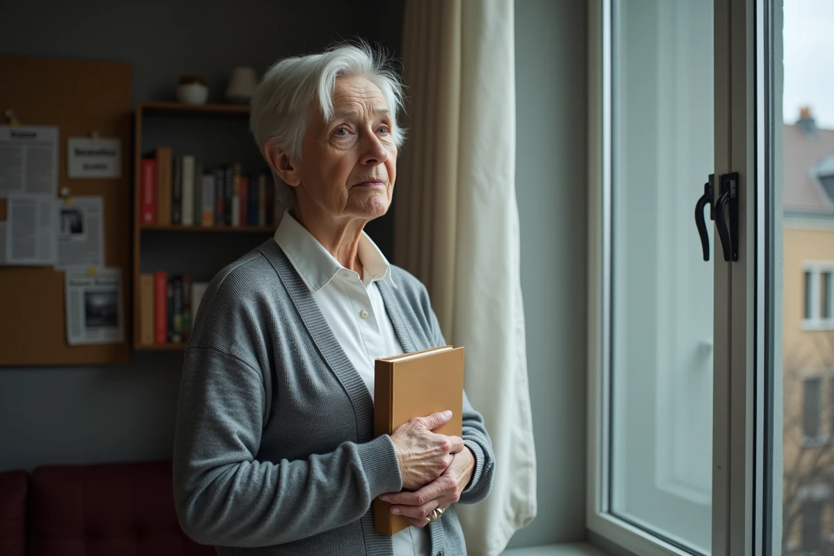 Portrait d'une femme tenant un livre près de la fenêtre de son appartement, entourée de coupures de presse, symbolisant la quête de vérité autour de Ruth Finley