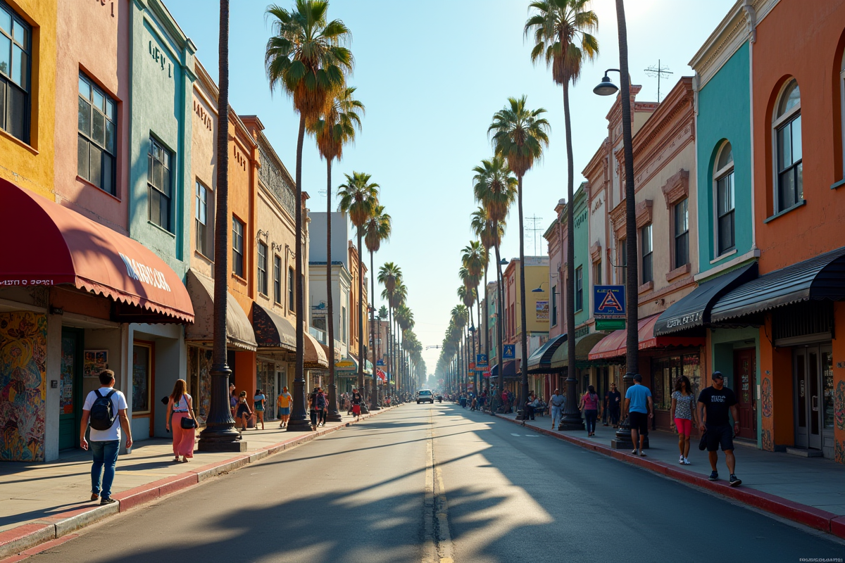 Quartier animé de Los Angeles avec murs colorés et passants