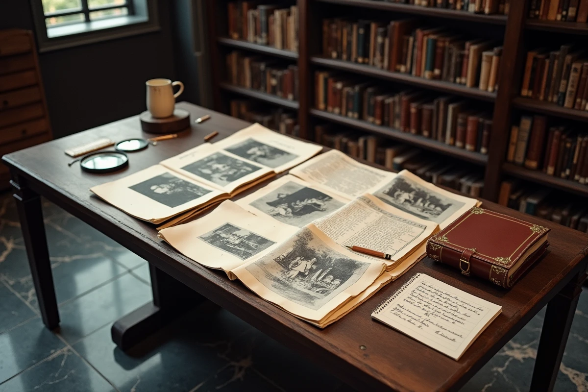 Table de recherche archivistique couverte de documents historiques et photographies en noir et blanc dans une salle de bibliothèque, illustrant l'enquête sur la frontière entre réalité et fiction
