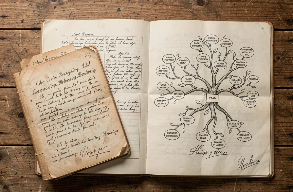 Registres anciens et arbre généalogique posés sur une table