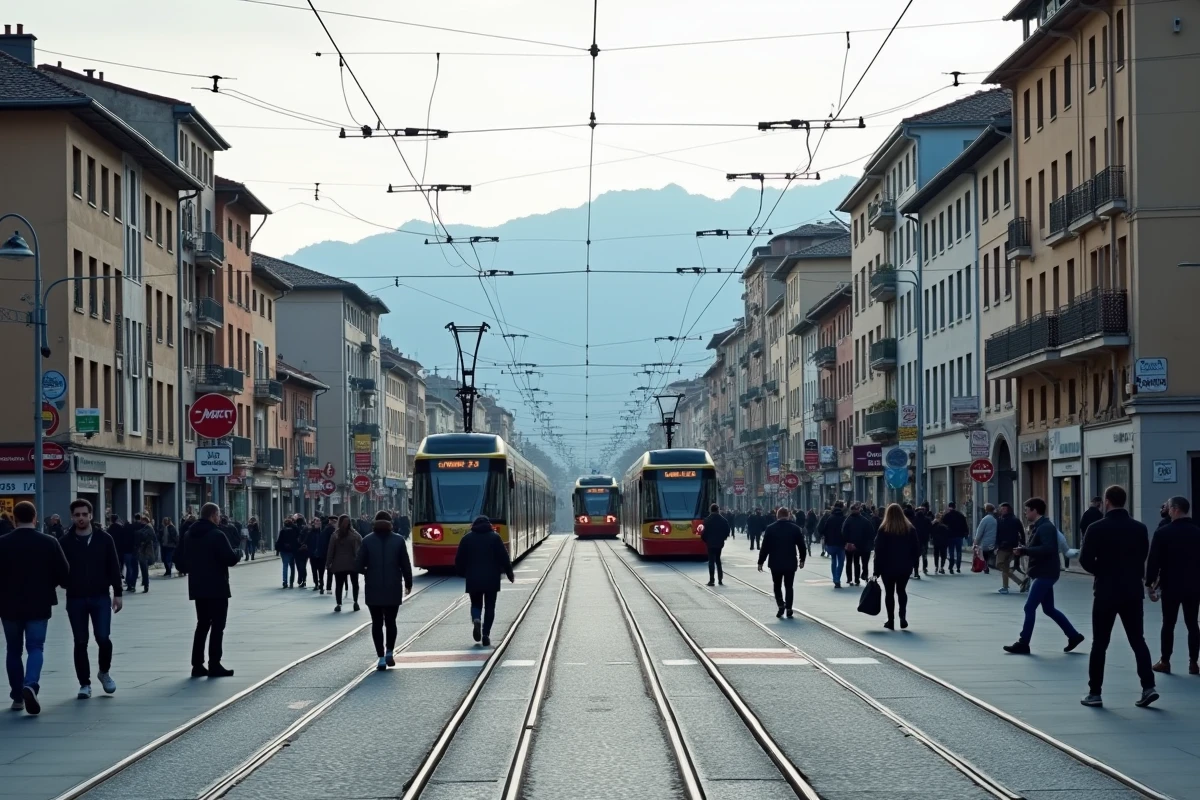 Carrefour de lignes de tramway à Grenoble avec voyageurs et rails en milieu urbain