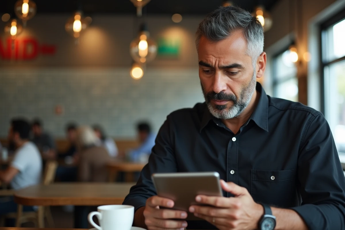 Homme consultant les réseaux sociaux officiels d'Elchorouk sur une tablette dans un café algérien