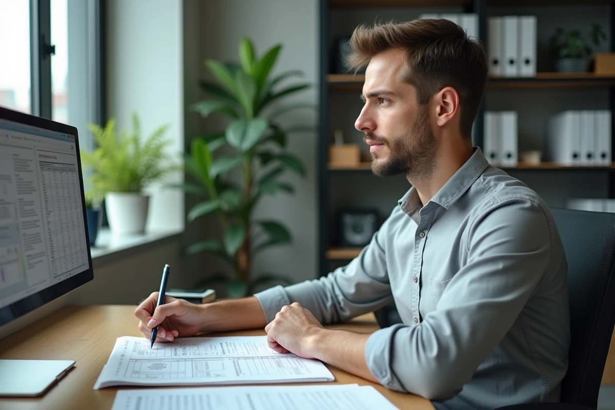 Responsable qualité d'un ESSMS annotant une grille d'auto-évaluation dans un bureau administratif à Toulouse