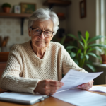 Femme retraitée lisant ses factures dans la cuisine chaleureuse