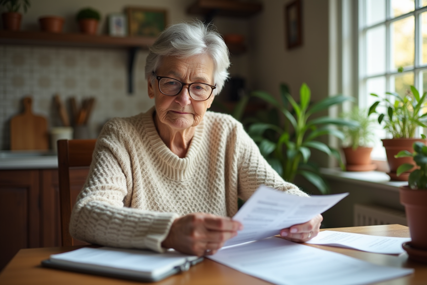 Femme retraitée lisant ses factures dans la cuisine chaleureuse