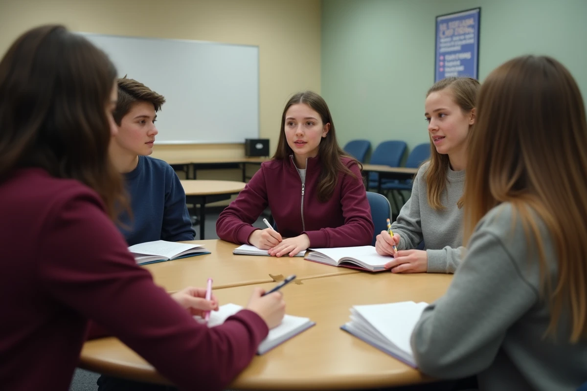 Groupe de délégués de classe en réunion de conseil pour planifier des projets utiles au quotidien au collège