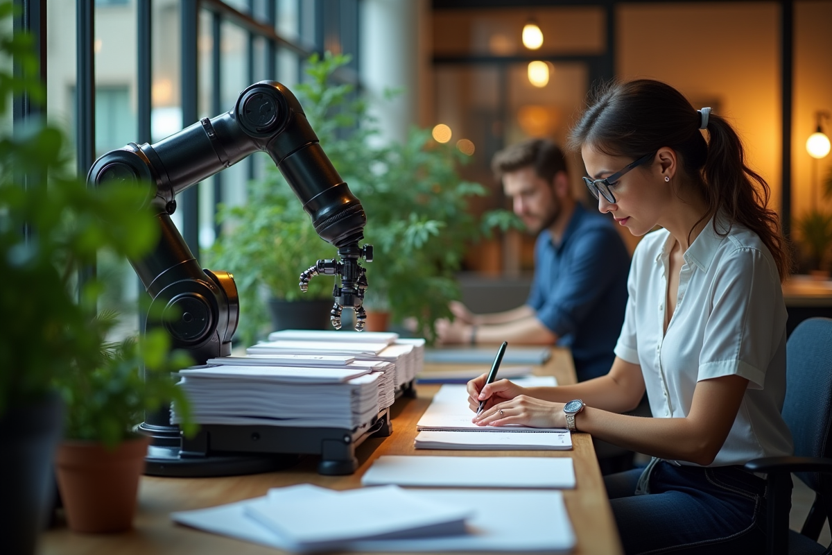 Robot organisant documents dans un espace de travail créatif