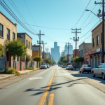 Rue abandonnée à Los Angeles avec bâtiments graffitis et ciel bleu