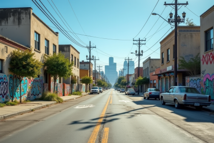 Rue abandonnée à Los Angeles avec bâtiments graffitis et ciel bleu