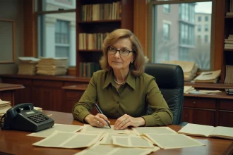 Femme journaliste des années 70 étudiante des documents historiques dans un bureau éditorial vintage, évoquant l'enquête sur Ruth Finley