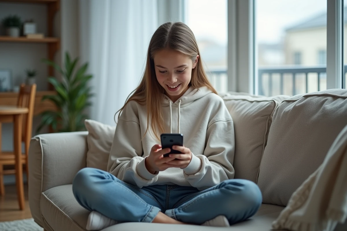 Adolescente lisant le dernier chapitre de One Piece en français sur son smartphone dans un salon moderne