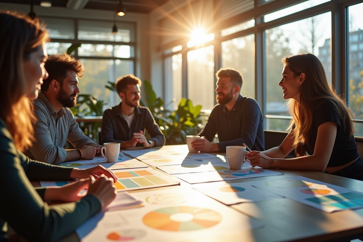 Quatre collègues en brainstorming avec graphiques et tasses de café