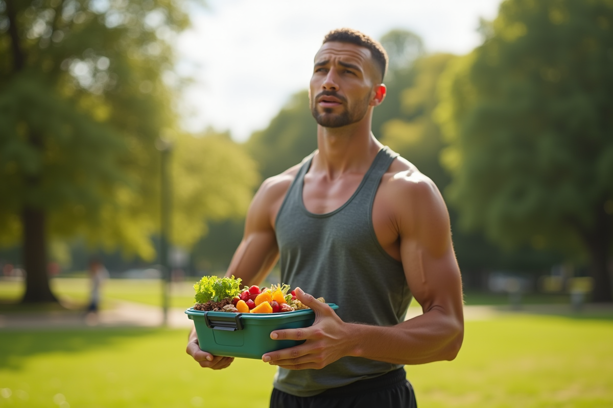 Personne sportive avec repas végétal en plein air pour l article