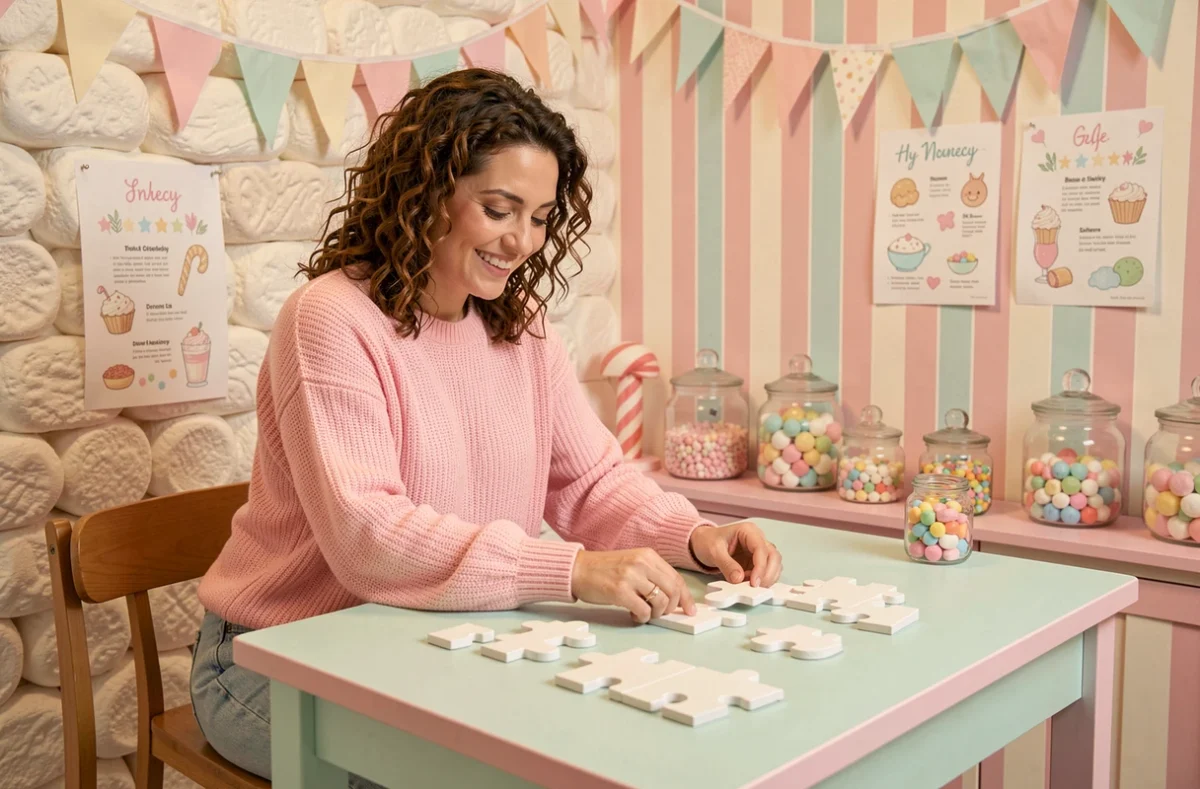 Une joueuse souriante arrangeant des pièces de puzzle pastel dans la salle Studio Guimauve à Annecy, décor guimauve et confiserie colorée et ludique