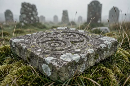 Pierre ancienne gravée d'un triskel celtique entourée de mousse et de ruines en Irlande