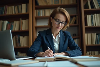 Femme analyste effectuant une veille économique sur les archives numériques de l'économie sociale à son bureau