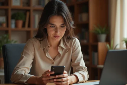 Jeune femme algérienne vérifiant l'authenticité d'un compte officiel Elchorouk sur son smartphone