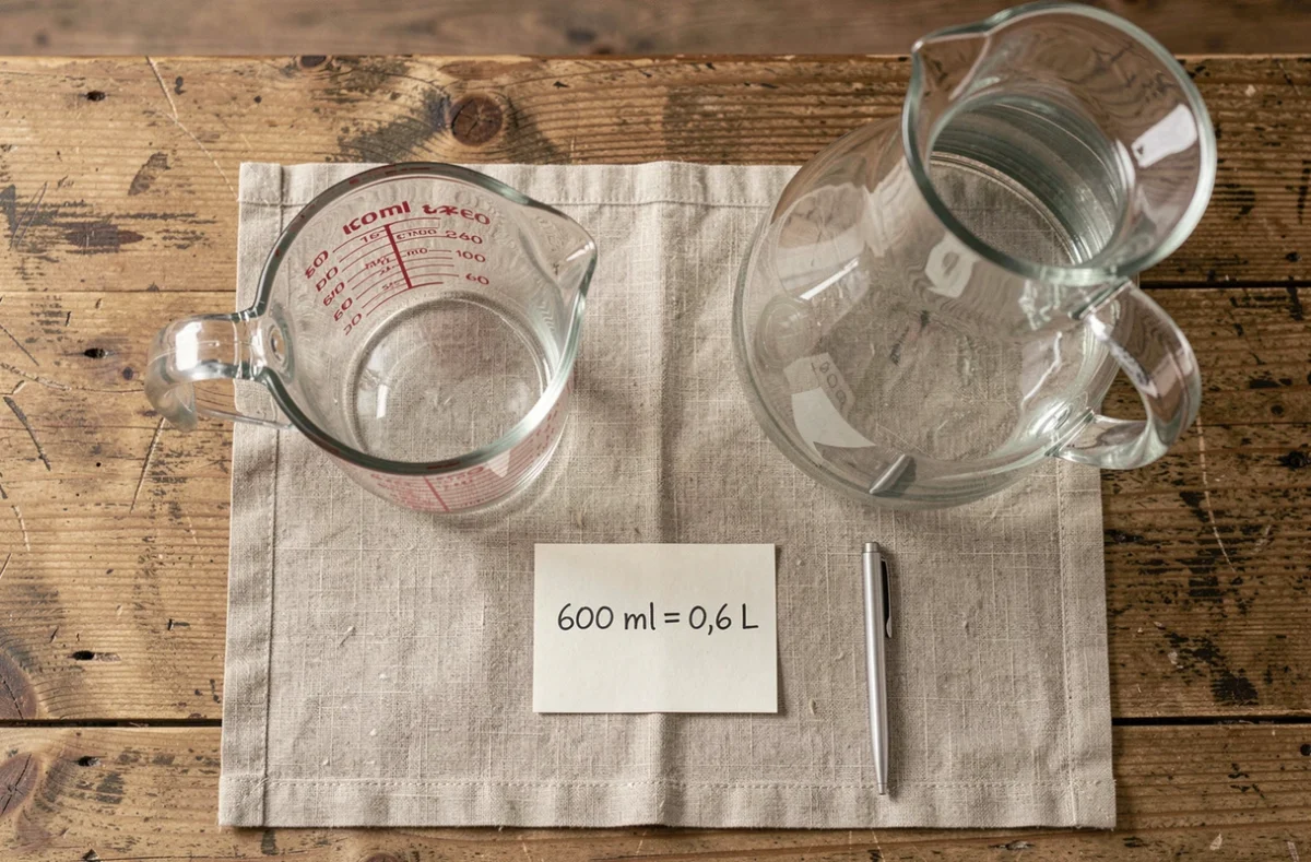 Vue en plongée d'un verre doseur rempli à 600 ml à côté d'une fiche de conversion manuscrite posée sur une table en bois
