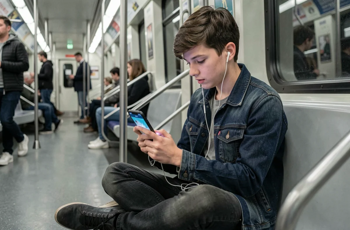 Adolescent lisant un webtoon sur smartphone dans le métro pendant un trajet quotidien